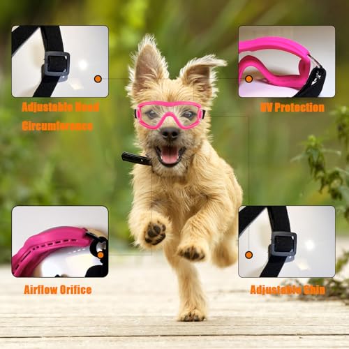 Dog Goggles Small Breed Dog Sunglasses Doggy UV Protection Glasses (Pink Frame Transparent Lens)