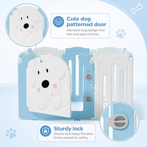 Puppy Play Pen for Indoors with Cute Dog Pattern Door (blue&white / 10 Fence Panels+1 Door)