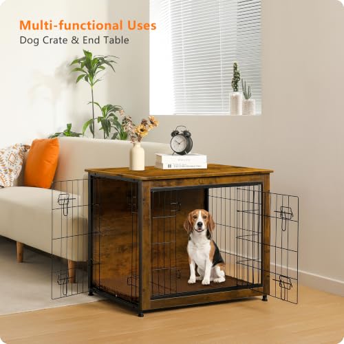 32.5" Dog Crate Furniture with Cushion (Rustic Brown / 32.5"L x 21.9"W x 25.6"H)
