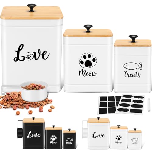 Metal Airtight Cat Food Containers Set of 3 with Bamboo Lids and Spoon 7+3+2 Lbs Cat Treat Storage Container Countertop with DIY Labels Pet Cookie Organizer Jars for Kitchen Counter (White)