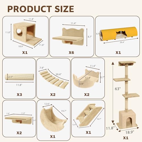 26-in-1 Cat Wall Shelves with Cat Tree, 40''L Tunnel, Moon, Beige (Beige / 26-in-1)