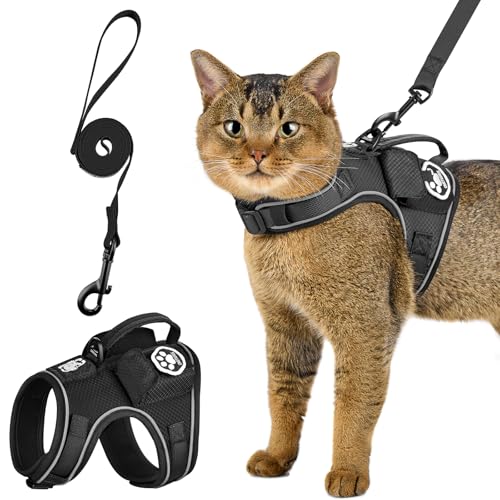 Tactical Cat Harness and Leash Escape Proof Soft Adjustable (Black / XXS:(N:10"-14",C:13"-18",B.L:7.5",W:8-18 lbs))