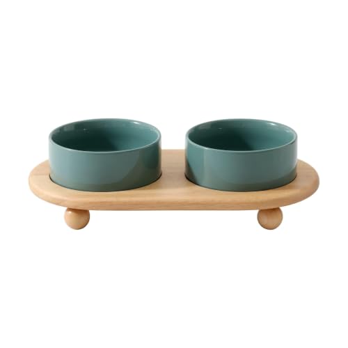 Raised Cat Bowl 5.1” Elevated Ceramic Cat Food and Water Bowl Set (Dark Green)