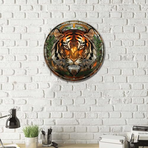 Metal Sign Tin Sign Circular Stained Glass Tigle Minimalist Wall Art for Home Decor 8×8 Inches (8×8 Inches / Tigle-3)