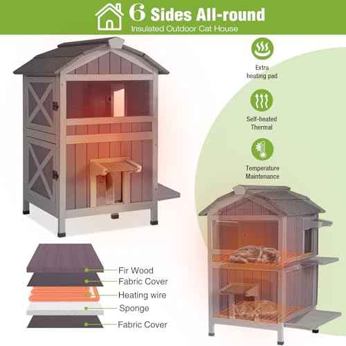 2 Story Large Heated Cat House Outdoor Insulated Cat House Weatherproof Feral Cat Shelter with Safe Heating Pad