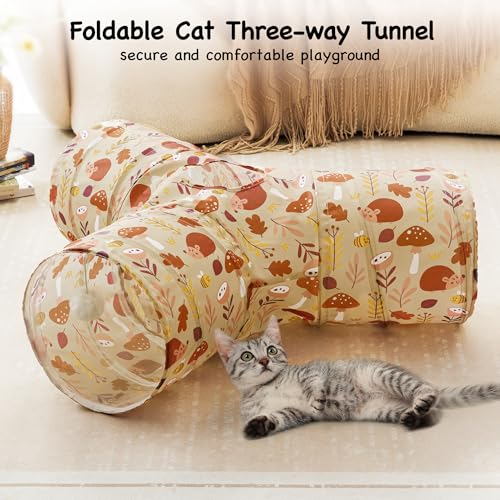 Cat Tunnel, 3-Way Collapsible Toy for Indoor Cats, Hedgehog (Khaki Hedgehog / Small)