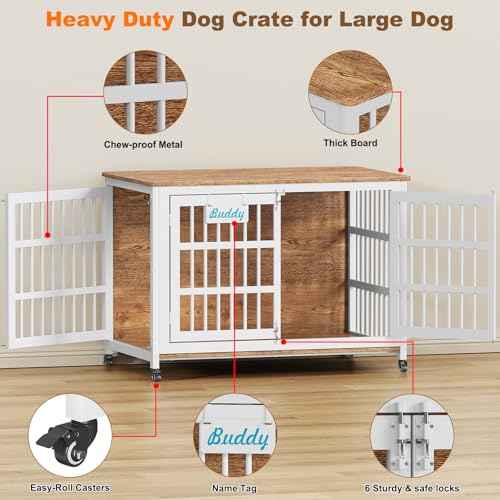 46"/43"/32" XXL Heavy Duty Dog Crate Furniture with Casters (46.1"L x 28.7"W x 31.9"H / White & Beech)