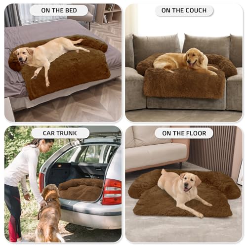 Calming Dog Bed Fluffy Plush Dog Mat for Furniture Protector with Removable Washable Cover for Large Medium Small Dogs and Cats (Brown / 53.0"L x 39.3"W x 6.0"Th)