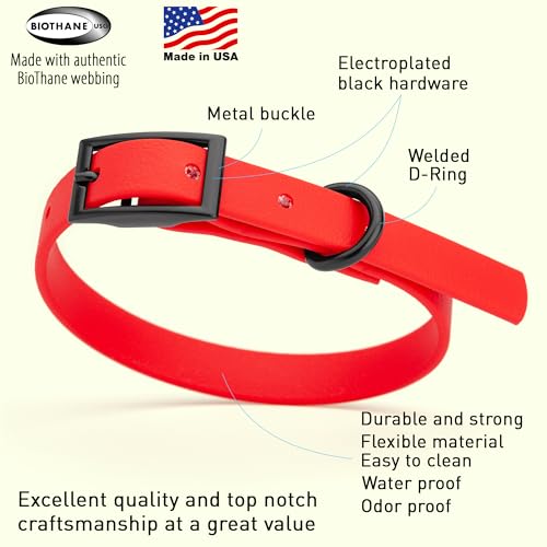Biothane Waterproof Dog Collar Strong Coated Nylon Webbing with Black Hardware Odor (W1/2" x L9-12" / Cherry Red)