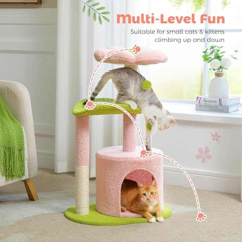 Flower Cat Tree 32" Small Cat Tower with Curved Perch Bed (Small-32 inches / Pink)