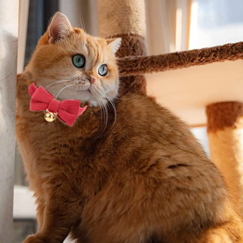 2 Pack Soft Corduroy Cat Collars with Bow Tie & Bell Adjustable Breakaway Kitten Bowtie Collar for Girl Boy Cats (S:Neck 7.0" - 11.0" / Corduroy-Red Green)