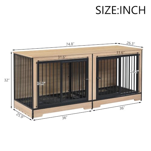 XL Double Dog Crate Furniture for Large Dogs Two Room Kennel with Trays (121 Inch Natural)