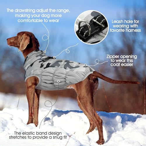 Dog Cold Weather Coats Reflective Dog Warm Jacket with Harness (Grey Camo / XS(chest:14in))