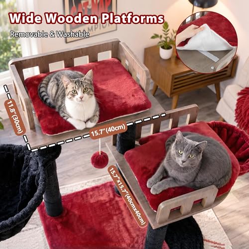 Sturdy Cat Tree Tower with 2 Large Condos (74.8 inches / Black and red)