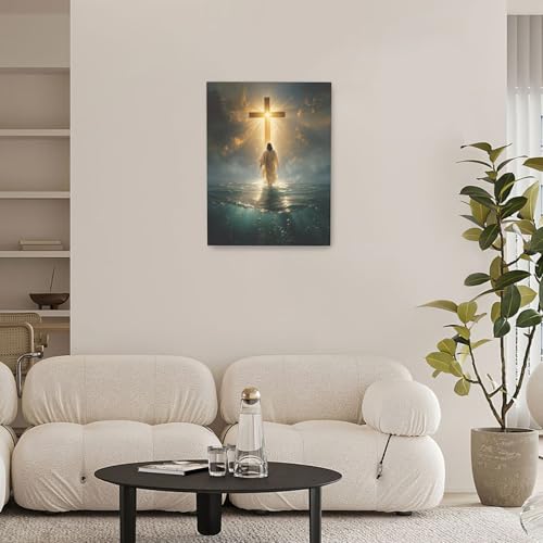 Jesus Wall Art Christian Jesus Walking on Water Pictures Wall Decor Christ Cross Pictures Canvas Religious Painting Print Framed Artwork Decorations Gifts for Living Room Bedroom Prayer Room Church 12"x16" (Jesus Cross / 16"L x 12"W)