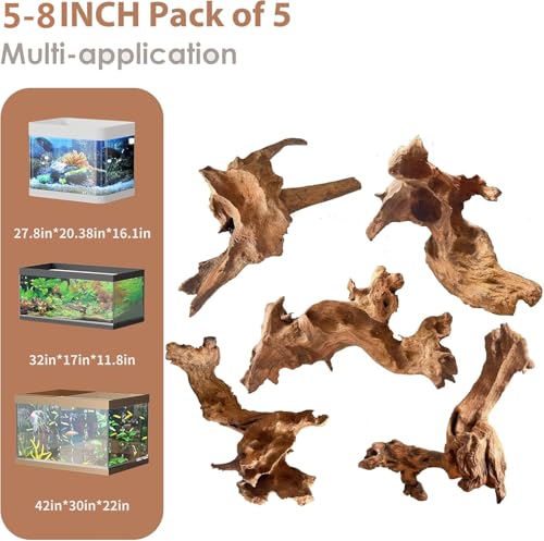 Natural Small Aquarium Driftwood for Fish Tank Reptile Decor (Mopani Driftwood 4 to 8 Inch (Pack of 5))