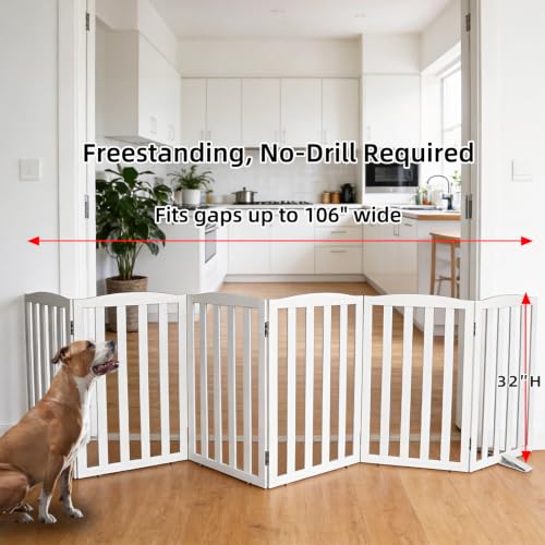 Foldable Freestanding Indoor Dog Gate for House Wood White Long Pet Gates Dog Fence for Stairs Puppy Gates for Hallways (White / 【6 Panels】120''w X 32''h)