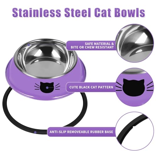 3 Pcs Non Slip Stainless Steel Small Cat Food Bowls (Purple, Green, Orange / 7 oz)