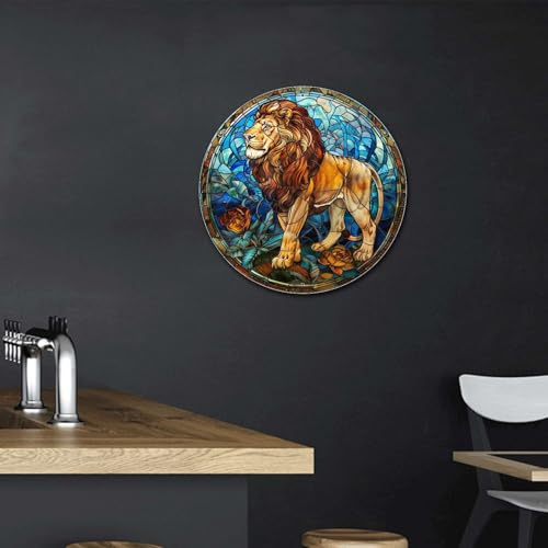 Metal Sign Tin Sign Circular Stained Glass Lion Garage Sign for Garden 12×12 Inches (12×12 Inches / Lion-2)