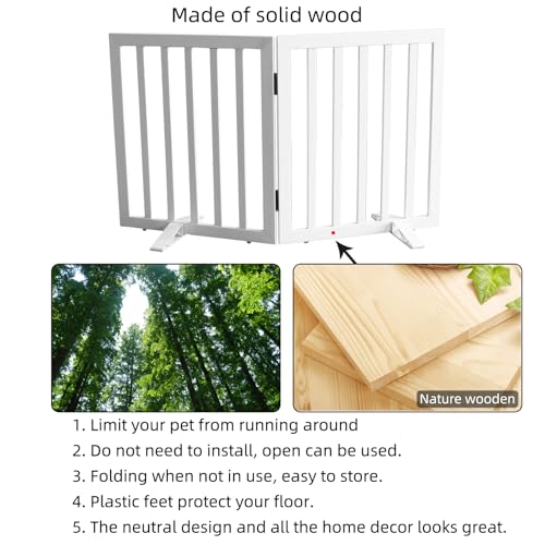 Freestanding Indoor Dog Gate for House Foldable Wood White Puppy Gate for Doorways Pet Gate for Stairs Extra Wide Pet Fence 24" Height 2 Panels (White / 【2 Panels】40''w x 24''h)