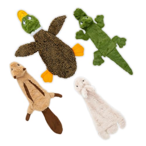 2-in-1 Stuffless Squeaky Dog Toy - 4 Figures, Small (Wild Duck, Hare, Squirrel & Alligator / Small)