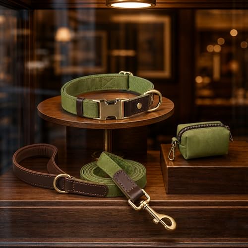 PU Leather Dog Collar for Small Dogs Puppy (Olive Green / S: Neck 11-15", Width ⅝")