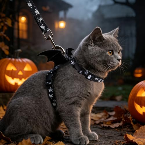 Halloween Adjustable Cat Harness and Leash Set Escape Proof Kitten Strap Collar for Walking Travel (Small / Black(Halloween))
