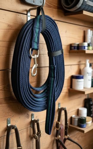 Soft Padded Lunge Line Rein Lead for Horses 27ft Long Looped Handle Swivel Clip (Navy/Green)