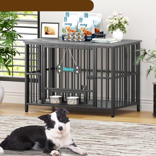 41" Dog Crate Furniture Foldable (Dark Grey / 41.3"L x 25.6"W x 28.6"H)