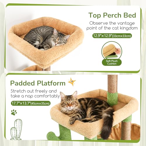 52in Cactus Cat Tree Tower for Indoor Cats (Green / L)