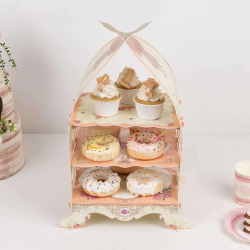 Efavormart 3 Tier White Peach Birdcage Cardboard Cupcake Stand with Floral Print (3-Tier 18" Bird Cage / White Peach)
