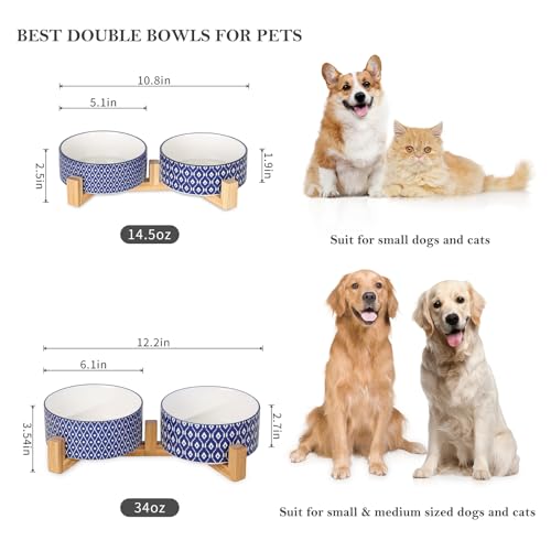Ceramic 14 OZ Dog Bowls with Wooden Stand (14 oz / Vintage Blue A)