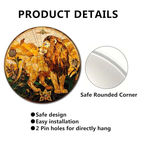 Metal Sign Tin Sign Circular Stained Glass Lion Greenhouse Decor For Pub 12×12 Inches (12×12 Inches / Lion-1)