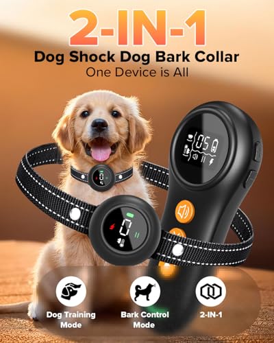 2-in-1 Dog Shock Collar & Bark Collar – 3300FT Dog Training Collar with Remote, Automatic Anti-Barking, 5 Adjustable Sensitivity Levels, IP67 Waterproof E-Collar for Small Medium Large Dogs (Black)