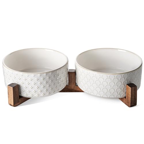 Ceramic Dog Bowls with Acacia Wood Stand (Fireworks+Clover / L-5 Cup)