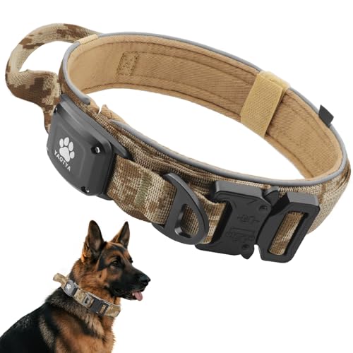 Tactical Dog Collar with IPX8 Waterproof AirTag Holder (Camouflage Khaki / L(16.5"-20.5"))