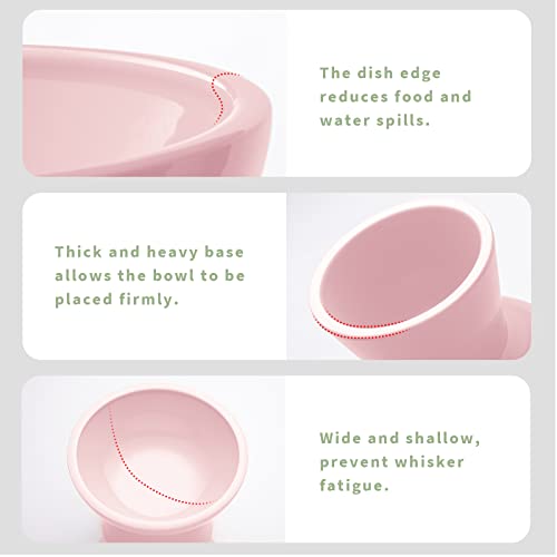 2 Pack Extra Wide Elevated Ceramic 6.2" Shallow Cat Food Bowls (Pink-2 Food Bowl)
