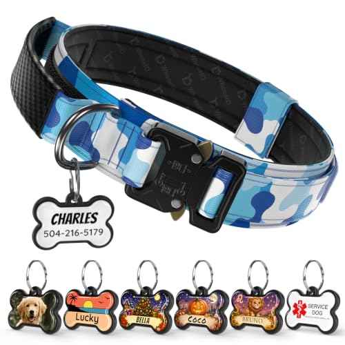Personalized Tactical Dog Collar with Custom Photo Name for Medium Dogs (Blue Camo / M: Fits Neck 14.5"-18.5")