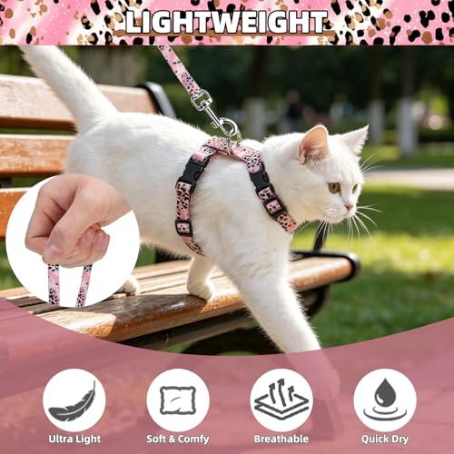 Adjustable Cat Harness and Leash Set Escape Proof Kitten Strap Collar for Walking Travel (Small / Pink(Leopard Print))