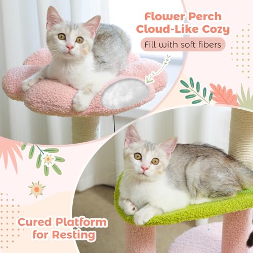 Flower Cat Tree 32" Small Cat Tower with Curved Perch Bed (Small-32 inches / Pink)