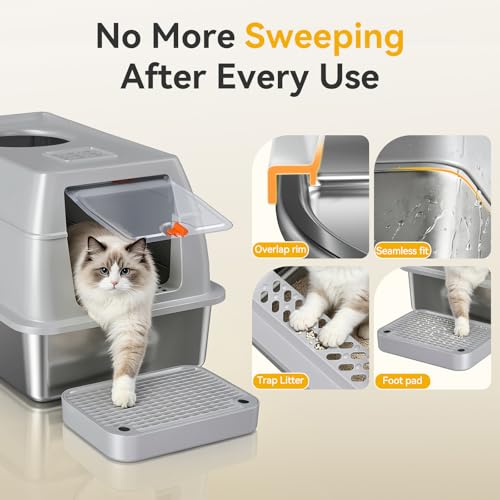 XL Enclosed Stainless Steel Litter Box with Lid (Light Gray)