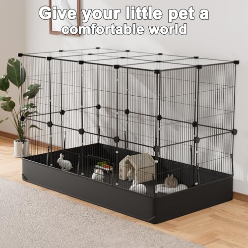 Guinea Pig Cage with Waterproof PVC Bottom Liner & One (24 Panels-with roof / Black)