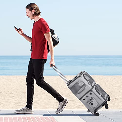 Double Compartment Cat Backpack Carrier with Wheels for 2 Pets (16.0"L x 11.8"W x 23.6"H / Grey)