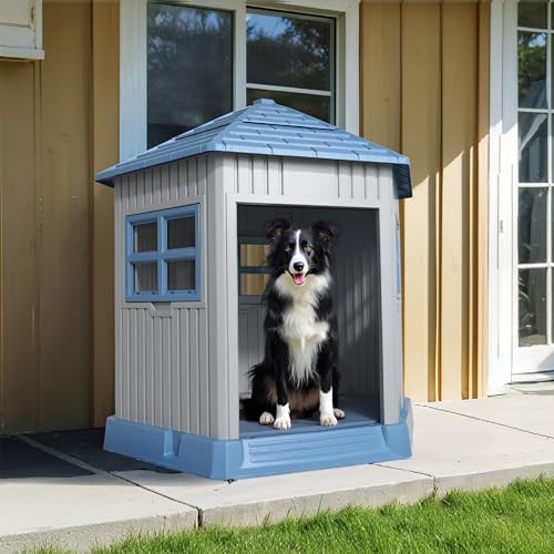 Dog House Indoor Outdoor Durable Large Dog Shelter with Outside Dog Kennel with Window and Elevated Floor for Small Medium Dogs (Blue-2 / 34.8*30.51*36.89)