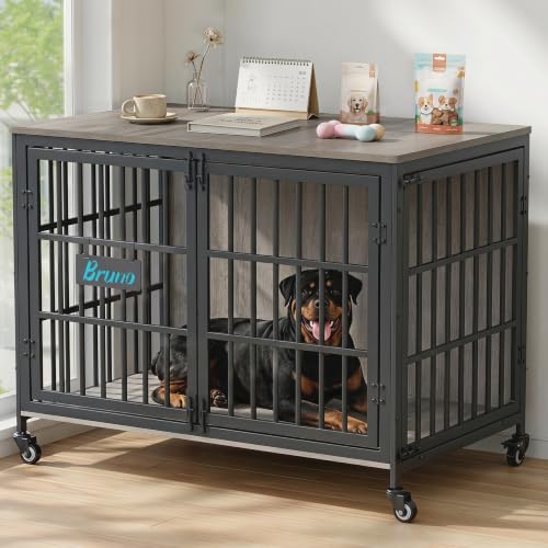 46 In Heavy Duty Dog Crate Furniture on Lockable Wheels (Grey / 46.1"L x 28.7"W x 31.9"H)