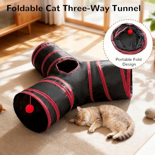 Cat Tunnel, 3-Way Collapsible Toy for Indoor Cats, Black & Red (Black & Red / Small)