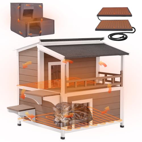 Heated Cat House Outdoor 2 Story Insulated Liner Feral Cat Shelter Weatherproof for Outside with Heated Pad（Brown）
