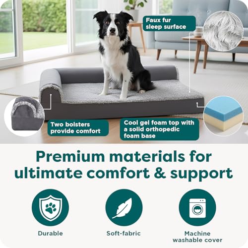 Cooling Gel Dog Bed for Medium & Large Dogs (Large / (Two-Tone Faux Fur & Suede) Stone Gray)