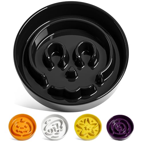 Ceramic Slow Feeder Dog Bowls Small Breed (Skull Black / S-0.6 Cups)