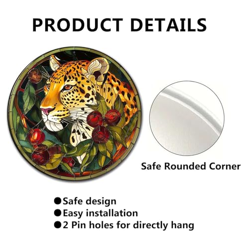 Metal Sign Tin Sign Circular Stained Glass Leopard Bathroom Signs for Home for Club 12×12 Inches (12×12 Inches / Leopard-3)